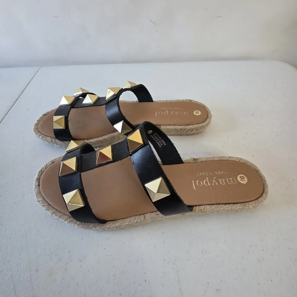 Maypol Raffia Trim Studded Leather Sandal Size 9.5 EU 41 Open Toe Slip-on Summer - Picture 6 of 13